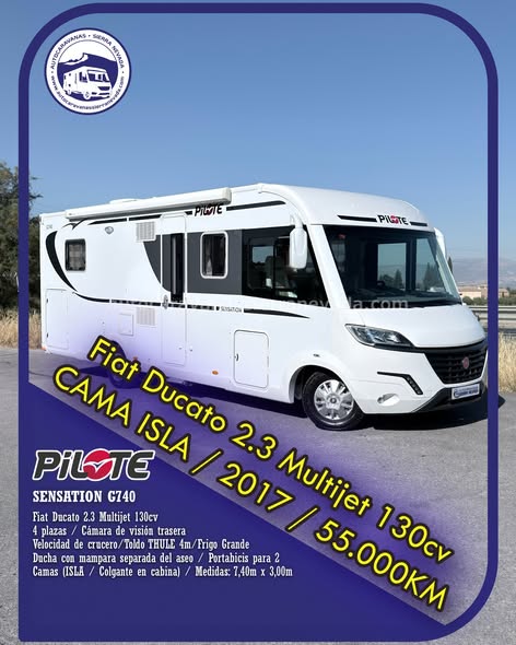 Integral PILOTE SENSATION G740 Autocaravanas Sierra Nevada empresa con más de 20 años de experiencia en el sector de venta de ocasión os ofrece esta magnífica casa rodante. Para más información o precio consulté en nuestra página web www.autocaravanassierranevada.com o haga click en nuestro enlace https://autocaravanassierranevada.com/.../pilote.../ ¿Quieres pagar a plazos? Llama y te informamos sin compromiso 617795719 621251555 Extras MOTOR: Fiat Ducato 2.3 MultiJet 130cv AÑO: 2017 KM: 55.000 Medidas: 7,40m x 3,00m Plazas viajar: 4 Plazas dormir: 4 * Medida Garaje con doble portón : (2,25m x 1,00m x 0,90m) * Camas (Isla/ Colgante en cabina) Extras: Aire acondicionado(de motor) AirBag( conductor y copiloto) Velocidad de Crucero Cierre centralizado Espejos eléctricos Elevalunas eléctricos (sólo conductor) Radio (2DIN-CD-USB-BT-Navegador) Cámara de visión trasera Asientos giratorios OscurecedoresREMIS en laterales y cortinas en luna Mosquiteras en ventanas, claraboyas y puerta principal Claraboyas transparentes y Claraboya xxl en salón Climatizador a 12v Frigo DOMETIC (220v, Gas, 12v, Auto) 160L capacidad Horno Extractor de humos Ducha con mampara separada de aseo Inversor de 600w Batería LITIO de 160ah. Placa solar de 100w.con regulador mttp Calefacción Trumainetready Tv 12v. (TDT-HDMI-USB) Escalón eléctrico de aluminio Toldo THULEde 4m. Portabicis THULE para 2 Maletero lateral extraíble Neumáticos reforzados marca MICHELIN especial camper #autocaravanastyle #viajarconniños #viajarenautocaravanaconniños #roadtrip #autocaravanaadventure #ventadeautocaravanas #autocaravanassierranevada #autocaravantravel #autocaravanaenlaplaya #kitcamping #differentholidays #camaisla #motorhome #caravanas1000 #camper