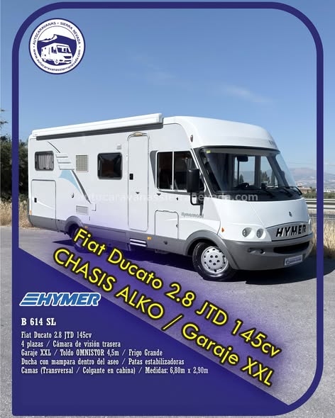 Integral Hymer B 614 SL Autocaravanas Sierra Nevada empresa con más de 20 años de experiencia en el sector de venta de ocasión os ofrece esta magnífica casa rodante. Para más información o precio consulté en nuestra página web www.autocaravanassierranevada.com o haga click en nuestro enlace https://autocaravanassierranevada.com/.../hymer-b-614-sl-3/ ¿Quieres pagar a plazos? Llama y te informamos sin compromiso 617795719 621251555 Extras MOTOR: Fiat Ducato 2.8 JTD 145cv AÑO: 2005 KM: 87.000 Medidas: 6,80m x 2,90m Plazas viajar: 4 Plazas dormir: 4 * Medida Garaje con doble portón : (1,90m x 1,50m x 1,20m) * Camas (Transversal / Colgante en cabina) * Chasis ALKO EXTRAS: Aire acondicionado(de motor) A.S.R (Sistema antiderrapaje) Elevalunas eléctricos (sólo conductor) Radio CD Cámara de visión trasera Asientos giratorios Oscurecedores REMIS en cabina completa Mosquiteras en ventanas y claraboyas Claraboya xxl en salón Frigo DOMETIC (220v, Gas, 12v, Auto) 150L capacidad Horno Extractor de humos Ducha con mampara dentro de aseo Batería de 100ah. Placa solar de 100w. Calefacción Trumatic C Escalón eléctrico de aluminio Toldo OMNISTOR de 4,5m. Patas estabilizadoras Maleteros laterales con acceso al doble suelo Neumáticos reforzados marca MICHELIN especial camper #autocaravanastyle #viajarconniños #viajarenautocaravanaconniños #roadtrip #autocaravanaadventure #ventadeautocaravanas #autocaravanassierranevada #autocaravantravel #autocaravanaenlaplaya #kitcamping #differentholidays #camaisla #motorhome #caravanas1000 #camper