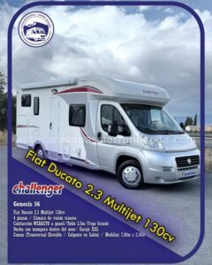 Perfilada CHALLENGER Genesis 56
Autocaravanas Sierra Nevada empresa con más de 20 años de experiencia en el sector de venta de ocasión os ofrece esta magnífica casa rodante. Para más información o precio  consulté en nuestra página web
www.autocaravanassierranevada.com
o haga click en nuestro enlace 
https://autocaravanassierranevada.com/.../challenger.../
¿Quieres pagar a plazos?
Llama y te informamos sin compromiso
617795719
621251555
Extras 
MOTOR: Fiat Ducato 2.3. MultiJet 130cv
AÑO: 2011
KM: 89.000
Medidas: 7,00m x 2,90m
Plazas viajar: 4
Plazas dormir: 4
* Medida Garaje con doble portón : (2,15m x 1,40m x 1,20m)
* Camas (Transversal elevable/ Colgante en salón)
Extras:
Aire acondicionado (de motor)
AirBag conductor y copliloto)
Cierre centralizado(en cabina)
Espejos eléctricos
Elevalunas eléctricos
Radio (USB-BT-AUX)
Cámara de visión trasera
Asientos giratorios
Mosquiteras en ventanas y claraboyas
Claraboyas transparentes y Claraboya XXL en cocina
Frigo THETFORD (220v, Gas, 12v) 141L capacidad
Ducha con mampara dentro de aseo
Batería de 100ah.
Placa solar de 100w.
Calefacción WEBASTO a gasoil
Escalón de doble peldaño integrado
Toldo de 3,5m.
1 Cierres de seguridad
Neumáticos reforzados especial camper
#autocaravanasgranada
#autocaravanaocasion
#autocaravanasdeocasion
#ventaautocaravana
#compraautocaravana
#autocaravanabarata
#caravaningandalucia
#autocaravanasur
#granadaturismo
#granadaocasion
#andaluciavanlife
#vanlife
#camperlife
#motorhome
#campervan
#viajarenautocaravana
#caravaninglife
#aventuraenruta
#viajeslibres
#escapadarural
#naturalezaylibertad
#viajarporelmundo
#rutavanlife
#descubreespaña
#autocaravanaspain
