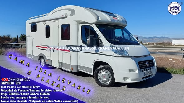 ADRIA Matrix A 670 Autocaravanas Sierra Nevada empresa con más de 20 años de experiencia en el sector de venta de ocasión os ofrece esta magnífica casa rodante.🗣️👉 Para más información o precio 💵 consulté en nuestra página web👇 www.autocaravanassierranevada.com ➡️🌐💻 o haga click👉🖱️ en nuestro enlace https://autocaravanassierranevada.com/.../perfilada.../ ¿Quieres pagar a plazos? Llama y te informamos sin compromiso 📞617795719 📞621251555 EXTRAS;👇 MOTOR: Fiat Ducato 2.3 Multijet 130cv AÑO: 2012 KM: 62.000 Medidas: 7,20m x 2,75m Plazas viajar: 5 Plazas dormir: 5 * Medida maleteros: (2,15m x 1,05m x 0,87m) * Camas (Isla elevable / Colgante en salón/Salón convertible) Aire acondicionado( de motor) AirBag(solo conductor) Velocidad de Crucero Cierre centralizado( en cabina) Espejos eléctricos Elevalunas eléctricos Radio (CD-USB-AUX-2DIN-BT) Cámara de visión trasera(en radio) Asientos giratorios Oscurecedores REMIS en luna Mosquiteras en ventanas, claraboyas Claraboyas transparentes y Claraboya panorámica xxl en cabina Frigo DOMETIC (220v, Gas, 12v, Auto) 189L capacidad Ducha con mampara interior de aseo Batería de 95ah. Placa solar de 100w. Calefacción Truma Combi Escalón de doble peldaño integrado Toldo FIAMMA de 4m. Escalera trasera para subir a techo Baca de aluminio Portabicis FIAMMA para 3 Neumáticos reforzados especial camper #autocaravanastyle #viajarconniños #viajarenautocaravanaconniños #roadtrip #autocaravanaadventure #ventadeautocaravanas #autocaravanassierranevada #autocaravantravel #autocaravanaenlaplaya #kitcamping #differentholidays #camaisla #motorhome #caravanas1000 #camper #motorhome #rv #campingwithdogs #campingcar