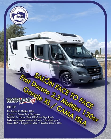 Perfilada RAPIDO 696FF Autocaravanas Sierra Nevada empresa con más de 20 años de experiencia en el sector de venta de ocasión os ofrece esta magnífica casa rodante.🗣️👉 Para más información o precio 💵 consulté en nuestra página web www.autocaravanassierranevada.com ➡️🌐💻 o haga click👉🖱️ en nuestro enlace ⬇️👇 https://autocaravanassierranevada.com/listings/rapido-696ff/ ¿Quieres pagar a plazos? Llama y te informamos sin compromiso 📞617795719 📞621251555 Extras 👇 MOTOR: Fiat Ducato 2.3 Multijet 130cv AÑO: 2016 KM: 91.000 Medidas: 7,30m x 3,00m Plazas viajar: 4 Plazas dormir: 4 * Medida Garaje con doble portón : (2,20m x 1,15m x 0,87m) * Camas (Isla / Colgante en salón) * SALÓN FACE TO FACE Extras: Aire acondicionado(de motor) AirBag (conductor y copiloto) Velocidad de Crucero Cierre centralizado Espejos eléctricos Elevalunas eléctricos Radio (2DIN-USB-BT) Cámara de visión trasera Asientos giratorios Oscurecedores REMIS en cabina completa Mosquiteras en ventanas, claraboyas y puerta principal Claraboyas transparentes y Claraboya panorámica xxl en cabina Frigo THETFORD (220v, Gas, 12v, Auto) 149L capacidad Horno Extractor de humos Ducha con mampara separada de aseo Batería de 95ah. Placa solar de 100w. Calefacción Truma Combi Escalón de doble peldaño integrado Toldo THULE de 4m. Portabicis FIAMMA CARRY BIKE para 3 Neumáticos reforzados marca MICHELIN especial camper #autocaravanastyle #viajarconniños #viajarenautocaravanaconniños #roadtrip #autocaravanaadventure #ventadeautocaravanas #autocaravanassierranevada #autocaravantravel #autocaravanaenlaplaya #kitcamping #differentholidays #camaisla #motorhome #caravanas1000 #camper