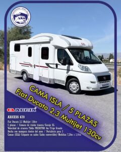 Perfilada ADRIA AXCESS 670 Autocaravanas Sierra Nevada empresa con más de 20 años de experiencia en el sector de venta de ocasión os ofrece esta magnífica casa rodante. Para más información o precio consulté en nuestra página web www.autocaravanassierranevada.com o haga click en nuestro enlace https://autocaravanassierranevada.com/.../adria-axcess-670/ ¿Quieres pagar a plazos? Llama y te informamos sin compromiso 617795719 621251555 Extras MOTOR: Fiat Ducato 2.3 Multijet 130cv AÑO: 2012 KM:116.000 Medidas: 7,20m x 2,90m Plazas viajar: 5 Plazas dormir: 5 * Medida maleteros: (2,15m x 1,05m x 1,20m) * Camas (Isla / Colgante en salón/Salón convertible) Extras: Aire acondicionado( de motor) AirBag(solo conductor) Velocidad de Crucero Cierre centralizado( en cabina) Espejos eléctricos Elevalunas eléctricos Radio (2DIN-CD-USB-SD-AUX-BT-NAVEGADOR) Cámara de visión trasera(en radio) Asientos giratorios Oscurecedores REMIS en cabina Mosquiteras en ventanas, claraboyas Claraboyas transparentes y Claraboya panorámica xxl en cabina y XXL salón Frigo DOMETIC (220v, Gas, 12v, Auto) 189L capacidad Ducha con mampara dentro de aseo Inverter de 1000w. 2 Batería de 95ah. 2 Placa solar de 100w. Calefacción Truma Combi Tv 12v. (TDT - HDMI - USB - DVD) Escalón de doble peldaño integrado Toldo PROSTORde 4m. Portabicis THULE para 3 3 cierres de seguridad Neumáticos reforzados especial camper #autocaravanastyle #viajarconniños #viajarenautocaravanaconniños #roadtrip #autocaravanaadventure #ventadeautocaravanas #autocaravanassierranevada #autocaravantravel #autocaravanaenlaplaya #kitcamping #differentholidays #camaisla #motorhome #caravanas1000 #camper Para más información o precio consulté en nuestra página web www.autocaravanassierranevada.com o haga click en nuestro enlace https://autocaravanassierranevada.com/.../adria-axcess-670/ ¿Quieres pagar a plazos? Llama y te informamos sin compromiso 617795719 621251555 Extras MOTOR: Fiat Ducato 2.3 Multijet 130cv AÑO: 2012 KM:116.000 Medidas: 7,20m x 2,90m Plazas viajar: 5 Plazas dormir: 5 * Medida maleteros: (2,15m x 1,05m x 1,20m) * Camas (Isla / Colgante en salón/Salón convertible) Extras: Aire acondicionado( de motor) AirBag(solo conductor) Velocidad de Crucero Cierre centralizado( en cabina) Espejos eléctricos Elevalunas eléctricos Radio (2DIN-CD-USB-SD-AUX-BT-NAVEGADOR) Cámara de visión trasera(en radio) Asientos giratorios Oscurecedores REMIS en cabina Mosquiteras en ventanas, claraboyas Claraboyas transparentes y Claraboya panorámica xxl en cabina y XXL salón Frigo DOMETIC (220v, Gas, 12v, Auto) 189L capacidad Ducha con mampara dentro de aseo Inverter de 1000w. 2 Batería de 95ah. 2 Placa solar de 100w. Calefacción Truma Combi Tv 12v. (TDT - HDMI - USB - DVD) Escalón de doble peldaño integrado Toldo PROSTORde 4m. Portabicis THULE para 3 3 cierres de seguridad Neumáticos reforzados especial camper #autocaravanastyle #viajarconniños #viajarenautocaravanaconniños #roadtrip #autocaravanaadventure #ventadeautocaravanas #autocaravanassierranevada #autocaravantravel #autocaravanaenlaplaya #kitcamping #differentholidays #camaisla #motorhome #caravanas1000 #camper