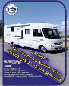 Integral RAPIDO 9009DFH Autocaravanas Sierra Nevada empresa con más de 20 años de experiencia en el sector de venta de ocasión os ofrece esta magnífica casa rodante.🗣️👉 Para más información o precio 💵 consulté en nuestra página web www.autocaravanassierranevada.com ➡️🌐💻 o haga click👉🖱️ en nuestro enlace ⬇️👇 https://autocaravanassierranevada.com/lis.../rapido-9009dfh/ ¿Quieres pagar a plazos? Llama y te informamos sin compromiso 📞617795719 📞621251555 Extras 👇 CARNET C MOTOR: Fiat Ducato 3.0 MultiJet 160cv AÑO: 2009 KM: 99.000 Medidas: 7,80m x 3,00m Plazas viajar: 4 Plazas dormir: 4 * Medida Garaje : (2,00m x 1,00m x 0,30m) * Camas (Semi-Isla / Colgante en cabina) * Chasis ALKO + Barras de torsión * Cadena de distribución Extras: Aire acondicionado(de motor) AirBag (conductor y copiloto) A.S.R (Sistema antiderrapaje) Velocidad de Crucero Cierre centralizado Espejos eléctricos Elevalunas eléctricos (sólo conductor) Radio (CD-AUX) Asientos giratorios Oscurecedores REMIS en cabina completa Mosquiteras en ventanas, claraboyas y puerta principal Claraboyas transparentes y Claraboya xxl en salón Frigo DOMETIC (220v, Gas, 12v, Auto) 150L capacidad Extractor de humos Ducha con mampara dentro de aseo WC con SOG Batería de 95ah. Placa solar de 100w. Calefacción Truma combi E y Truma Combi Tv 12v. (TDT-HDMI) Escalón de doble peldaño integrado Toldo FIAMMA F45 de 4,5m. Baca de aluminio 2 Cierres de seguridad Maleteros laterales Ducha exterior Neumáticos reforzados marca MICHELIN especial camper #autocaravanastyle #viajarconniños #viajarenautocaravanaconniños #roadtrip #autocaravanaadventure #ventadeautocaravanas #autocaravanassierranevada #autocaravantravel #autocaravanaenlaplaya #kitcamping #differentholidays #camaisla #motorhome #caravanas1000 #camper