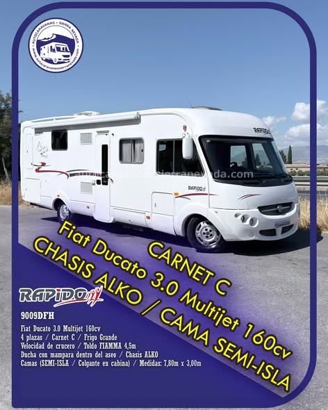 Integral RAPIDO 9009DFH
Autocaravanas Sierra Nevada empresa con más de 20 años de experiencia en el sector de venta de ocasión os ofrece esta magnífica casa rodante.🗣️👉 Para más información o precio 💵 consulté en nuestra página web
www.autocaravanassierranevada.com
➡️🌐💻 o haga click👉🖱️ en nuestro enlace ⬇️👇
https://autocaravanassierranevada.com/lis.../rapido-9009dfh/
¿Quieres pagar a plazos?
Llama y te informamos sin compromiso
📞617795719
📞621251555
Extras 👇
CARNET C
MOTOR: Fiat Ducato 3.0 MultiJet 160cv
AÑO: 2009
KM: 99.000
Medidas: 7,80m x 3,00m
Plazas viajar: 4
Plazas dormir: 4
* Medida Garaje : (2,00m x 1,00m x 0,30m)
* Camas (Semi-Isla / Colgante en cabina)
* Chasis ALKO + Barras de torsión
* Cadena de distribución
Extras:
Aire acondicionado(de motor)
AirBag (conductor y copiloto)
A.S.R (Sistema antiderrapaje)
Velocidad de Crucero
Cierre centralizado
Espejos eléctricos
Elevalunas eléctricos (sólo conductor)
Radio (CD-AUX)
Asientos giratorios
Oscurecedores REMIS en cabina completa
Mosquiteras en ventanas, claraboyas y puerta principal
Claraboyas transparentes y Claraboya xxl en salón
Frigo DOMETIC (220v, Gas, 12v, Auto) 150L capacidad
Extractor de humos
Ducha con mampara dentro de aseo
WC con SOG
Batería de 95ah.
Placa solar de 100w.
Calefacción Truma combi E y Truma Combi
Tv 12v. (TDT-HDMI)
Escalón de doble peldaño integrado
Toldo FIAMMA F45 de 4,5m.
Baca de aluminio
2 Cierres de seguridad
Maleteros laterales
Ducha exterior
Neumáticos reforzados marca MICHELIN especial camper
#autocaravanastyle #viajarconniños #viajarenautocaravanaconniños #roadtrip #autocaravanaadventure #ventadeautocaravanas #autocaravanassierranevada #autocaravantravel #autocaravanaenlaplaya #kitcamping #differentholidays #camaisla #motorhome #caravanas1000 #camper
