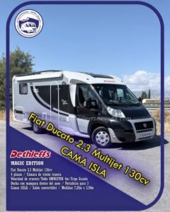 Perfilada DETHLEFFS MAGIC EDITION Autocaravanas Sierra Nevada empresa con más de 20 años de experiencia en el sector de venta de ocasión os ofrece esta magnífica casa rodante.🗣️👉 Para más información o precio 💵 consulté en nuestra página web www.autocaravanassierranevada.com ➡️🌐💻 o haga click👉🖱️ en nuestro enlace ⬇️👇 https://autocaravanassierranevada.com/.../dethleffs.../ ¿Quieres pagar a plazos? Llama y te informamos sin compromiso 📞617795719 📞621251555 Extras 👇 MOTOR: Fiat Ducato 2.3 Multijet 130cv AÑO: 2009 KM: 123.000 Medidas: 7,20m x 2,90m Plazas viajar: 4 Plazas dormir: 4 * Medida Garaje con doble portón : (2,20m x 1,20m x 0,70m) * Camas (Isla / Salón convertible) * Suspensión Neumática Extras: Aire acondicionado(de motor) AirBag(conductor y copiloto) ASR Velocidad de Crucero Cierre centralizado (en cabina) Espejos eléctricos Elevalunas eléctricos Radio (CD-USB-AUX) Cámara de visión trasera Asientos giratorios OscurecedoresREMIS en cabina completa Mosquiteras en ventanas, claraboyas y puerta principal Claraboyas transparentes y Claraboya panorámica xxl en cabina y salón Frigo DOMETIC (220v, Gas, 12v, Auto) 175L capacidad Extractor de humos Ducha con mampara dentro de aseo Batería de 95ah. Placa solar de 100w. Calefacción Truma Combi Tv 12v. (TDT – HDMI – USB – DVD) Peldaño integrado Toldo OMNISTOR de 4m. Escalera trasera Baca Patas estabilizadoras Portabicis OMNI BIKE para 3 Neumáticos reforzados marca MICHELIN especial camper #autocaravanastyle #viajarconniños #viajarenautocaravanaconniños #roadtrip #autocaravanaadventure #ventadeautocaravanas #autocaravanassierranevada #autocaravantravel #autocaravanaenlaplaya #kitcamping #differentholidays #camaisla #motorhome #caravanas1000 #camper