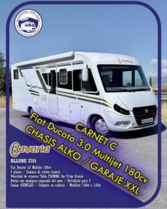 Integral BAVARIA ALLURE I78 Autocaravanas Sierra Nevada empresa con más de 20 años de experiencia en el sector de venta de ocasión os ofrece esta magnífica casa rodante. Para más información o precio consulté en nuestra página web www.autocaravanassierranevada.com o haga click en nuestro enlace https://autocaravanassierranevada.com/.../bavaria-allure.../ ¿Quieres pagar a plazos? Llama y te informamos sin compromiso 617795719 621251555 Extras CARNET C MOTOR: Fiat Ducato 3.0 MultiJet 180cv AÑO: 2016 KM: 82.000 Medidas: 7,80m x 3,00m Plazas viajar: 4 Plazas dormir: 4 * Medida Garaje con doble portón : (2,25m x 1,40m x 1,20m) * Camas (Gemelas / Colgante) * Chasis ALKO + Barras de torsión * Cadena de distribución Extras: Aire acondicionado (de motor) AirBag (conductor y copiloto) Velocidad de Crucero Cierre centralizado Espejos eléctricos(no se mueve a los lados) Elevalunas eléctricos (sólo conductor) Radio (2DIN -CD-USB-BT-Navegador) Cámara de visión trasera Asientos giratorios Oscurecedores REMIS en cabina completa Mosquiteras en ventanas, claraboyas y puerta principal Claraboyas transparentes y Claraboya xxl en salón Frigo DOMETIC (220v, Gas, 12v, Auto) 160L capacidad Extractor de humos Ducha con mampara separada de aseo WC con SOG Batería de 95ah. 2 Placa solar de 100w. Calefacción ALDE Tv 12v. (TDT-HDMI-USB-DVD) Escalón eléctrico de aluminio Toldo FIAMMA F45 de 5m. Portabicis para 2 Ducha exterior Maleteros laterales con acceso al doble suelo Grandes huecos de almacenaje bajo camas gemelas Neumaticos reforzados marca MICHELIN especial camper #autocaravanastyle #viajarconniños #viajarenautocaravanaconniños #roadtrip #autocaravanaadventure #ventadeautocaravanas #autocaravanassierranevada #autocaravantravel #autocaravanaenlaplaya #kitcamping #differentholidays #camaisla #motorhome #caravanas1000 #camper