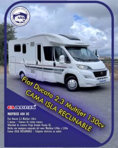 Perfilada ADRIA MATRIX 600 SC Autocaravanas Sierra Nevada empresa con más de 20 años de experiencia en el sector de venta de ocasión os ofrece esta magnífica casa rodante.🗣️👉 Para más información o precio 💵 consulté en nuestra página web www.autocaravanassierranevada.com ➡️🌐💻 o haga click👉🖱️ en nuestro enlace ⬇️👇 https://autocaravanassierranevada.com/.../adria-matrix.../ ¿Quieres pagar a plazos? Llama y te informamos sin compromiso 📞617795719 📞621251555 Extras 👇 MOTOR: Fiat Ducato 2.3 Multijet 130cv AÑO: 2016 KM: 69.000 Medidas: 6,90m x 2,90m Plazas viajar: 4 Plazas dormir: 4 * Medida maletero con doble portón: (2,20m x 1,05m x 0,90m) * Camas (Isla cabecero reclinable / Colgante eléctrica en salón) Extras: Aire acondicionado (de motor) AirBag(solo conductor) Velocidad de Crucero Cierre centralizado Espejos eléctricos Elevalunas eléctricos Radio (CD-MP3-AUX-USB) Cámara de visión trasera Asientos giratorios Oscurecedores REMIS en cabina completa Mosquiteras en ventanas, claraboyas y puerta principal Claraboyas transparentes y Claraboya panorámica xxl en cabina Frigo THETFORD (220v, Gas, 12v, Auto) 142L capacidad Ducha con mampara separada de aseo Baterías de 100ah. Placa solar de 100w. Calefacción truma Combi Tv 12v. (TDT-HDMI-USB-DVD) Escalón de doble peldaño integrado Neumáticos reforzados especial camper #autocaravanastyle #viajarconniños #viajarenautocaravanaconniños #roadtrip #autocaravanaadventure #ventadeautocaravanas #autocaravanassierranevada #autocaravantravel #autocaravanaenlaplaya #kitcamping #differentholidays #camaisla #motorhome #caravanas1000 #camper