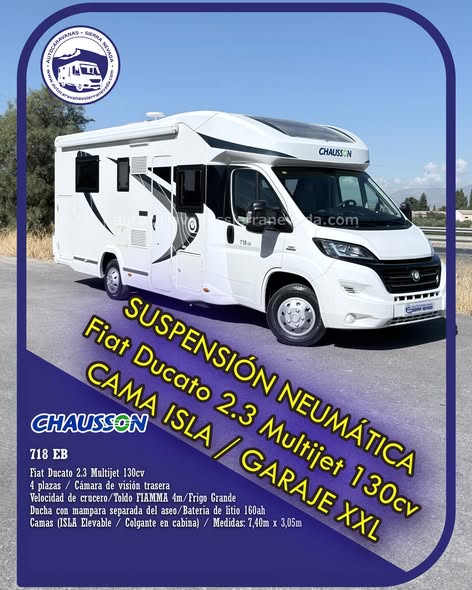Perfilada CHAUSSON  718 E
Autocaravanas Sierra Nevada empresa con más de 20 años de experiencia en el sector de venta de ocasión os ofrece esta magnífica casa rodante.🗣️👉 Para más información o precio 💵 consulté en nuestra página web
www.autocaravanassierranevada.com
➡️🌐💻 o haga click👉🖱️ en nuestro enlace ⬇️👇
https://autocaravanassierranevada.com/.../chausson-718-eb/
¿Quieres pagar a plazos?
Llama y te informamos sin compromiso
📞617795719
📞621251555
Extras 👇
MOTOR: Fiat Ducato 2.3 Multijet 130cv
AÑO: 2015
KM: 64.000 
Medidas: 7,40m x 3,05m
Plazas viajar: 4
Plazas dormir: 4
* Medida Garaje con doble portón :  (2,20m x 0,90m x 1,20m) 
* Camas (Isla elevable/ Colgante en salón)
* SUSPENSIÓN NEUMÁTICA con autoinflado desde cabina
Extras:
Aire acondicionado(de motor) 
AirBag (conductor y copiloto)
Velocidad de Crucero
Cierre centralizado(en cabina)
Espejos eléctricos
Elevalunas eléctricos 
Radio (CD-USB-AUX)
Cámara de visión trasera
Asientos giratorios
Oscurecedores REMIS en cabina completa
Mosquiteras en ventanas, claraboyas y puerta principal
Claraboyas transparentes y Claraboya panorámica xxl en cabina
Frigo THETFORD  (220v, Gas, 12v, Auto) 175L capacidad
Ducha con mampara separada de aseo
Inversor WAECO de 900.w
Batería de LITIO 160ah.
Placa solar de 100w.
Calefacción Truma Inet Ready a GASOIL
Tv 12v. (TDT-HDMI-USB-DVD) 
Escalón de doble peldaño integrado 
Toldo FIAMMA F45 de 4m.
Neumáticos reforzados especial camper
#autocaravanastyle #viajarconniños #viajarenautocaravanaconniños #roadtrip #autocaravanaadventure #ventadeautocaravanas #autocaravanassierranevada #autocaravantravel #autocaravanaenlaplaya #kitcamping #differentholidays #camaisla #motorhome #caravanas1000 #camper