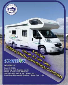 CAPUCHINA CHAUSSON WELCOME 29 Autocaravanas Sierra Nevada empresa con más de 20 años de experiencia en el sector de venta de ocasión os ofrece esta magnífica casa rodante.🗣️👉 Para más información o precio 💵 consulté en nuestra página web www.autocaravanassierranevada.com ➡️🌐💻 o haga click👉🖱️ en nuestro enlace ⬇️👇 https://autocaravanassierranevada.com/.../chaussonwelcom.../ ¿Quieres pagar a plazos? Llama y te informamos sin compromiso 📞617795719 📞621251555 Extras 👇 MOTOR: Citroën 2.2 HDI 130cv AÑO: 2008 KM: 113.000 Medidas: 7,00m x 3,00m Plazas viajar: 5 Plazas dormir: 5 * Medida Garaje con doble portón : (2,20m x 0,75m x 0,55m) * Camas (Literas/ Salón Convertible/Capuchina) * Suspensión Neumática Extras: Aire acondicionado(de motor) AirBag (conductor y copiloto) Velocidad de Crucero Cierre centralizado(en cabina) Espejos eléctricos Elevalunas eléctricos Radio (USB-BT-AUX-SD) Asientos giratorios Oscurecedores REMIS en cabina completa Mosquiteras en ventanas, claraboyas y puerta principal Claraboya XXL en salón TurboVent Frigo THETFORD (220v, Gas, 12v) 175L capacidad Ducha con mampara dentro de aseo 2 Batería de 95ah. 2 Placa solar de 100w. Calefacción Trumatic c Tv 12v. (TDT-HDMI-USB-DVD-SD) Escalón de doble peldaño integrado Toldo PROSTOR de 4m. Portabicis para 3 Neumáticos reforzados especial camper #autocaravanastyle #viajarconniños #viajarenautocaravanaconniños #roadtrip #autocaravanaadventure #ventadeautocaravanas #autocaravanassierranevada #autocaravantravel #autocaravanaenlaplaya #kitcamping #differentholidays #camaisla #motorhome #caravanas1000 #camper