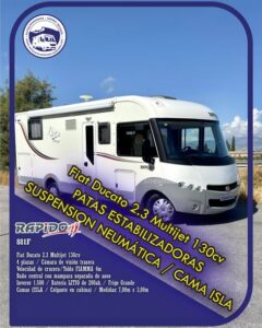 INTEGRAL RAPIDO 881F Autocaravanas Sierra Nevada empresa con más de 20 años de experiencia en el sector de venta de ocasión os ofrece esta magnífica casa rodante.🗣️👉 Para más información o precio 💵 consulté en nuestra página web www.autocaravanassierranevada.com ➡️🌐💻 o haga click👉🖱️ en nuestro enlace ⬇️👇 https://autocaravanassierranevada.com/listings/rapido-881f/ ¿Quieres pagar a plazos? Llama y te informamos sin compromiso 📞617795719 📞621251555 Extras 👇 MOTOR: Fiat Ducato 2.3 MultiJet 130cv AÑO: 2014 KM: 84.000 Medidas: 7,00m x 3,00m Plazas viajar: 4 Plazas dormir: 4 * Medida Garaje con doble portón : (2,20m x 1,15m x 0,95m) * Camas (Isla / Colgante) * Suspensión Neumática Extras: Aire acondicionado (de motor) AirBag ( conductor y copiloto) Velocidad de Crucero Cierre centralizado Elevalunas eléctricos (sólo conductor) Radio (2DIN-CD-BT) Cámara de visión trasera(en radio) Asientos giratorios Oscurecedores REMIS en cabina completa Mosquiteras en ventanas, claraboyas y puerta principal Claraboyas transparentes y Claraboya xxl en salón Frigo DOMETIC (220v, Gas, 12v, Auto) 160L capacidad Horno Extractor de humos Baño central con mampara separada de aseo Inveror 1.500 Batería LITIO de 200ah. 2 Placa solar de 100w. con regulador mppt Calefacción Truma Combi Tv 12v. (TDT-HDMI-USB-DVD) Escalón de doble peldaño integrado Toldo FIAMMA F45 de 4m. Patas estabilizadoras Neumáticos reforzados marca CONTINENTAL especial camper #autocaravanastyle #viajarconniños #viajarenautocaravanaconniños #roadtrip #autocaravanaadventure #ventadeautocaravanas #autocaravanassierranevada #autocaravantravel #autocaravanaenlaplaya #kitcamping #differentholidays #camaisla #motorhome #caravanas1000 #camper
