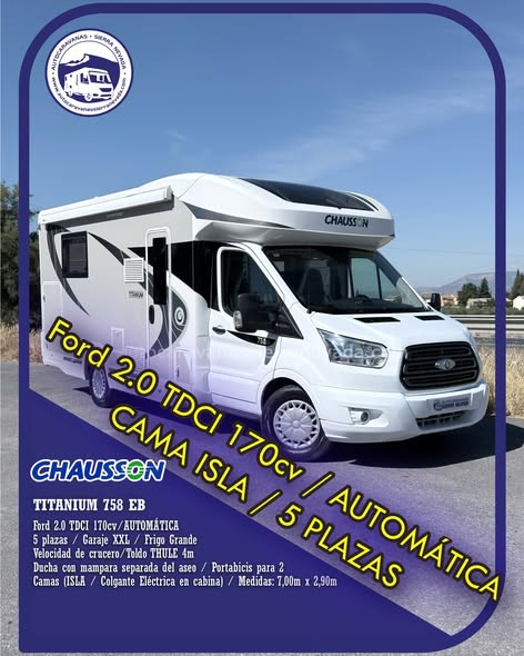 Perfilada Chausson TITANIUM 758 EB Autocaravanas Sierra Nevada empresa con más de 20 años de experiencia en el sector de venta de ocasión os ofrece esta magnífica casa rodante.🗣️👉 Para más información o precio 💵 consulté en nuestra página web www.autocaravanassierranevada.com ➡️🌐💻 o haga click👉🖱️ en nuestro enlace ⬇️👇 https://autocaravanassierranevada.com/.../chausson.../ ¿Quieres pagar a plazos? Llama y te informamos sin compromiso 📞617795719 📞621251555 Extras 👇 MOTOR: Ford 2.0 TDCI 170cv/AUTOMATICA AÑO: 2018 KM: 52.000 Medidas: 7,00m x 2,90m Plazas viajar: 5 Plazas dormir: 5 * Medida Garaje con doble portón : (2,15m x 0,90m x 1,20m) * Camas (Isla / Colgante eléctrica en salón/Salón convertible) Extras: Aire acondicionado (de motor) AirBag (conductor y copiloto) Velocidad de Crucero Cierre centralizado Espejos eléctricos Elevalunas eléctricos Radio (USB-BT-AUX) Asientos giratorios Mosquiteras en ventanas, claraboyas y puerta principal Claraboyas transparentes y Claraboya panorámica xxl en cabina Frigo THETFORD (220v, Gas, 12v, Auto) 167L capacidad Ducha con mampara separada de aseo Batería de 100ah. Placa solar de 100w. Calefacción Truma inet ready a gasoil Tv 12v. (TDT-HDMI-USB-DVD-Smart tv) Escalón de doble peldaño integrado Toldo THULE de 4m. Portabicis para 2 Neumáticos reforzados especial camper #autocaravanastyle #viajarconniños #viajarenautocaravanaconniños #roadtrip #autocaravanaadventure #ventadeautocaravanas #autocaravanassierranevada #autocaravantravel #autocaravanaenlaplaya #kitcamping #differentholidays #camaisla #motorhome #caravanas1000 #camper