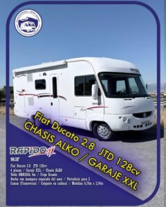 Integral RAPIDO 963F Autocaravanas Sierra Nevada empresa con más de 20 años de experiencia en el sector de venta de ocasión os ofrece esta magnífica casa rodante.🗣️👉 Para más información o precio 💵 consulté en nuestra página web www.autocaravanassierranevada.com ➡️🌐💻 o haga click👉🖱️ en nuestro enlace ⬇️👇 https://autocaravanassierranevada.com/listings/rapido-963f/ ¿Quieres pagar a plazos? Llama y te informamos sin compromiso 📞617795719 📞621251555 Extras 👇 MOTOR: Fiat Ducato 2.8 JTD 128cv AÑO: 2004 KM: 151.000 Medidas: 6,70m x 2,90m Plazas viajar: 4 Plazas dormir: 4 * Medida Garaje con doble portón : (2,15m x 1,10m x 1,15m) * Camas (Transversal/ Colgante en cabina) * Chasis ALKO + Barras de torsión Extras: Aire acondicionado(de motor) Cierre centralizado Espejos eléctricos Elevalunas eléctricos (sólo conductor) Radio CD Asientos giratorios Oscurecedores REMIS en cabina completa Mosquiteras en ventanas y claraboyas Ventana PRACTICABLE con mosquitera en puerta principal Claraboyas transparentes y Claraboya xxl en salón Frigo THETFORD (220v, Gas, 12v, Auto) 136L capacidad Extractor de humos Ducha dentro de aseo Batería de 100ah. Placa solar de 100w. Calefacción Trumatic c Escalón de doble peldaño integrado Toldo OMNISOL de 4m. Portabicis para 2 2 Cierres de seguridad Ducha exterior Neumáticos reforzados especial camper #autocaravanastyle #viajarconniños #viajarenautocaravanaconniños #roadtrip #autocaravanaadventure #ventadeautocaravanas #autocaravanassierranevada #autocaravantravel #autocaravanaenlaplaya #kitcamping #differentholidays #camaisla #motorhome #caravanas1000 #camper