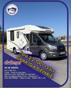 Perfilada CHALLENGER 288 EB GENESIS Autocaravanas Sierra Nevada empresa con más de 20 años de experiencia en el sector de venta de ocasión os ofrece esta magnífica casa rodante.🗣️👉 Para más información o precio 💵 consulté en nuestra página web www.autocaravanassierranevada.com ➡️🌐💻 o haga click👉🖱️ en nuestro enlace ⬇️👇 https://autocaravanassierranevada.com/.../challenger-288.../ ¿Quieres pagar a plazos? Llama y te informamos sin compromiso 📞617795719 📞621251555 Extras 👇 MOTOR: Ford 2.2 TDCI 155cv AÑO: 2015 KM: 69.000 Medidas: 7,00m x 2,90m Plazas viajar: 4 Plazas dormir: 4 * Medida Garaje con doble portón : (2,15m x 0,90m x 1,20m) * Camas (Isla elevable / Colgante en salón) * Cadena de distribución Extras: Aire acondicionado(de motor) AirBag ( conductor y copiloto) Velocidad de Crucero Cierre centralizado(en cabina) Espejos eléctricos Elevalunas eléctricos Radio (USB-BT-AUX) Cámara de visión trasera Asientos giratorios Oscurecedores REMIS en cabina completa Mosquiteras en ventanas, claraboyas y puerta principal Claraboyas transparentes y Claraboya panorámica xxl en cabina Frigo THETFORD (220v, Gas, 12v) 175L capacidad Ducha con mampara separada de aseo Batería de 100ah. Placa solar de 100w. Calefacción Truma Inet Ready a gasoil Tv 12v. (TDT-HDMI-USB-DVD) Escalón eléctrico de aluminio Toldo THULE de 3,5m. Portabicis para 3 Neumáticos reforzados especial camper #autocaravanastyle #viajarconniños #viajarenautocaravanaconniños #roadtrip #autocaravanaadventure #ventadeautocaravanas #autocaravanassierranevada #autocaravantravel #autocaravanaenlaplaya #kitcamping #differentholidays #camaisla #motorhome #caravanas1000 #camper