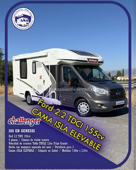 Perfilada CHALLENGER 288 EB GENESIS Autocaravanas Sierra Nevada empresa con más de 20 años de experiencia en el sector de venta de ocasión os ofrece esta magnífica casa rodante.🗣️👉 Para más información o precio 💵 consulté en nuestra página web www.autocaravanassierranevada.com ➡️🌐💻 o haga click👉🖱️ en nuestro enlace ⬇️👇 https://autocaravanassierranevada.com/.../challenger-288.../ ¿Quieres pagar a plazos? Llama y te informamos sin compromiso 📞617795719 📞621251555 Extras 👇 MOTOR: Ford 2.2 TDCI 155cv AÑO: 2015 KM: 69.000 Medidas: 7,00m x 2,90m Plazas viajar: 4 Plazas dormir: 4 * Medida Garaje con doble portón : (2,15m x 0,90m x 1,20m) * Camas (Isla elevable / Colgante en salón) * Cadena de distribución Extras: Aire acondicionado(de motor) AirBag ( conductor y copiloto) Velocidad de Crucero Cierre centralizado(en cabina) Espejos eléctricos Elevalunas eléctricos Radio (USB-BT-AUX) Cámara de visión trasera Asientos giratorios Oscurecedores REMIS en cabina completa Mosquiteras en ventanas, claraboyas y puerta principal Claraboyas transparentes y Claraboya panorámica xxl en cabina Frigo THETFORD (220v, Gas, 12v) 175L capacidad Ducha con mampara separada de aseo Batería de 100ah. Placa solar de 100w. Calefacción Truma Inet Ready a gasoil Tv 12v. (TDT-HDMI-USB-DVD) Escalón eléctrico de aluminio Toldo THULE de 3,5m. Portabicis para 3 Neumáticos reforzados especial camper #autocaravanastyle #viajarconniños #viajarenautocaravanaconniños #roadtrip #autocaravanaadventure #ventadeautocaravanas #autocaravanassierranevada #autocaravantravel #autocaravanaenlaplaya #kitcamping #differentholidays #camaisla #motorhome #caravanas1000 #camper