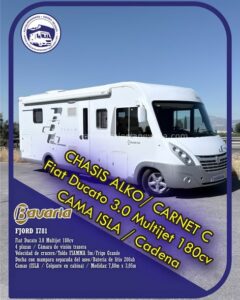 Integral BAVARIA FJORD I781 Autocaravanas Sierra Nevada empresa con más de 20 años de experiencia en el sector de venta de ocasión os ofrece esta magnífica casa rodante.🗣️👉 Para más información o precio 💵 consulté en nuestra página web www.autocaravanassierranevada.com ➡️🌐💻 o haga click👉🖱️ en nuestro enlace ⬇️👇 https://autocaravanassierranevada.com/.../bavaria-fjord.../ ¿Quieres pagar a plazos? Llama y te informamos sin compromiso 📞617795719 📞621251555 Extras 👇 MOTOR: Fiat Ducato 3.0 MultiJet 180cv AÑO: 2014 KM: 97.000 Medidas: 7,80m x 3,05m Plazas viajar: 4 Plazas dormir: 4 * Medida Garaje con doble portón : (2,25m x 1,00m x 0,95m) * Camas (Isla/ Colgante) * Chasis ALKO + Barras de torsión * Cadena de distribución Extras: Aire acondicionado (de motor) Velocidad de Crucero Cierre centralizado Espejos eléctricos Elevalunas eléctricos (sólo conductor) Radio (CD-BLUETOOTH) Cámara de visión trasera Asientos giratorios Oscurecedores REMIS en cabina completa Mosquiteras en ventanas, claraboyas y puerta principal Claraboyas transparentes y Claraboya xxl en salón Aire Acondicionado 220V Frigo DOMETIC (220v, Gas, 12v, Auto) 160L capacidad Horno Extractor de humos Ducha con mampara separada de aseo Batería LITIO de 200ah. 2 Placa solar de 100w. Calefacción ALDE 2 Tv 12v. Escalón eléctrico de aluminio Toldo FIAMMA F45 de 5m. Ducha exterior Maletero lateral Neumaticos reforzados marca CONTINENTAL especial camper #autocaravanastyle #viajarconniños #viajarenautocaravanaconniños #roadtrip #autocaravanaadventure #ventadeautocaravanas #autocaravanassierranevada #autocaravantravel #autocaravanaenlaplaya #kitcamping #differentholidays #camaisla #motorhome #caravanas1000 #camper