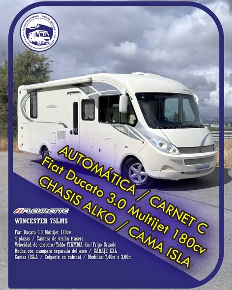 Autocaravana integral FLEURETTE FLORIUM WINCESTER 75LMS
Autocaravanas Sierra Nevada empresa con más de 20 años de experiencia en el sector de venta de ocasión os ofrece esta magnífica casa rodante.🗣️👉 Para más información o precio 💵 consulté en nuestra página web
www.autocaravanassierranevada.com
➡️🌐💻 o haga click👉🖱️ en nuestro enlace ⬇️👇
https://autocaravanassierranevada.com/.../fleurette.../
¿Quieres pagar a plazos?
Llama y te informamos sin compromiso
📞617795719
📞621251555
Extras 👇
CARNET C
MOTOR: Fiat Ducato 3.0 Multijet 180cv, AUTOMATICO
AÑO: 2012
KM:66.000
Medidas: 7,40m x 3,00m
Plazas viajar: 4
Plazas dormir: 4
* Medida Garaje con doble portón :  (2,15m x 1,05m x 1,05m) 
* Camas (Isla / Colgante en cabina)
* Chasis ALKO + Barras de torsión
* Cadena de distribución
Extras:
Aire acondicionado(de motor)
AirBag(conductor y copiloto)
Velocidad de Crucero
Cierre centralizado
Espejos eléctricos
Elevalunas eléctricos(sólo conductor)
Radio (2DIN-CD-MP3-AUX)
Cámara de visión trasera
Asientos giratorios
OscurecedoresREMIS en cabina completa
Mosquiteras en ventanas, claraboyas y puerta principal
Claraboyas transparentes y Claraboya xxl en salón
Aire Acondicionado a 220v
Frigo DOMETIC(220v, Gas, 12v, Auto) 160L capacidad
Horno
Extractor de humos
Ducha con mampara separada de aseo
Batería de 95ah.
2 Placa solar de 100w.
Calefacción ALDE
Tv 12v. (TDT-HDMI-USB-DVD-SD) 
Escalón de doble peldaño integrado
Toldo FIAMMA F45de 4m.
Escalera trasera para subir a techo
Baca de aluminio
Maleteros laterales con acceso al doble suelo
Neumáticos reforzados especial camper
#autocaravanastyle #viajarconniños #viajarenautocaravanaconniños #roadtrip #autocaravanaadventure #ventadeautocaravanas #autocaravanassierranevada #autocaravantravel #autocaravanaenlaplaya #kitcamping #differentholidays #camaisla #motorhome #caravanas1000 #camper
