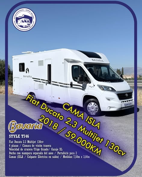 Perfilada BAVARIA STYLE T746 Autocaravanas Sierra Nevada empresa con más de 20 años de experiencia en el sector de venta de ocasión os ofrece esta magnífica casa rodante.🗣️👉 Para más información o precio 💵 consulté en nuestra página web www.autocaravanassierranevada.com ➡️🌐💻 o haga click👉🖱️ en nuestro enlace ⬇️👇 https://autocaravanassierranevada.com/.../bavaria-style.../ ¿Quieres pagar a plazos? Llama y te informamos sin compromiso 📞617795719 📞621251555 Extras 👇 MOTOR: Fiat Ducato 2.3 MultiJet 130cv AÑO: 2018 KM: 59.000 Medidas: 7,50m x 3,00m Plazas viajar: 4 Plazas dormir: 4 * Medida Garaje con doble portón : (2,25m x 1,00m x 1,05m) * Camas (Isla/ Colgante eléctrica en salón) Extras: Aire acondicionado (de motor) AirBag (conductor y copiloto) A.S.R (Sistema antiderrapaje) Velocidad de Crucero Cierre centralizado Espejos eléctricos Elevalunas eléctricos Radio (USB-AUX) Cámara de visión trasera Asientos giratorios Oscurecedores REMIS en cabina completa Mosquiteras en ventanas, claraboyas y puerta principal Claraboyas transparentes y Claraboya panorámica xxl en cabina Frigo DOMETIC (220v, Gas, 12v, Auto) 160L capacidad Ducha con mampara separada de aseo Batería de 100ah. Placa solar de 100w. Calefacción truma inet ready Tv 12v. (TDT-HDMI-USB) Escalón eléctrico de aluminio Portabicis para 2 Neumáticos reforzados especial camper #autocaravanastyle #viajarconniños #viajarenautocaravanaconniños #roadtrip #autocaravanaadventure #ventadeautocaravanas #autocaravanassierranevada #autocaravantravel #autocaravanaenlaplaya #kitcamping #differentholidays #camaisla #motorhome #caravanas1000 #camper