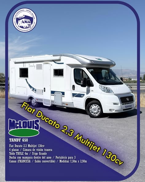 Perfilada McLouis TANDY 650
Autocaravanas Sierra Nevada empresa con más de 20 años de experiencia en el sector de venta de ocasión os ofrece esta magnífica casa rodante.🗣️👉 Para más información o precio 💵 consulté en nuestra página web
www.autocaravanassierranevada.com
➡️🌐💻 o haga click👉🖱️ en nuestro enlace ⬇️👇
https://autocaravanassierranevada.com/.../mclouis-tandy-650/
¿Quieres pagar a plazos?
Llama y te informamos sin compromiso
📞617795719
📞621251555
Extras 👇
MOTOR: Fiat Ducato 2.3 MultiJet 130cv
AÑO: 2008 
KM: 91.000
Medidas: 7,30m x 2,90m
Plazas viajar: 4 
Plazas dormir: 4
* Medida Garaje:  (1,15m x 1,20m x 0,60m) 
* Camas (Francesa / Salón convertible)
Extras:
Aire acondicionado(de motor) 
AirBag(solo conductor)
A.S.R (Sistema antiderrapaje)
Cierre centralizado(en cabina)
Espejos eléctricos
Elevalunas eléctricos
Radio (2DIN-CD-USB-AUX-SD-BT)
Cámara de visión trasera
Asientos  giratorios
Oscurecedores REMIS en cabina completa
Mosquiteras en ventanas y claraboyas  
Claraboya xxl en salón 
TurboVent en cocina
Frigo DOMETIC (220v, Gas, 12v, Auto) 150L capacidad
Horno
Extractor de humos
Ducha con mampara dentro de aseo
Batería de 100ah.
Placa solar de 100w.
Calefacción Truma Combi
Tv 12v. (LCD-HDMI-USB-DVD) 
Escalón de doble peldaño integrado 
Toldo THULE de 4m.
Portabicis  para 3
Neumáticos reforzados marca CONTINENTAL especial camper
#autocaravanastyle #viajarconniños #viajarenautocaravanaconniños #roadtrip #autocaravanaadventure #ventadeautocaravanas #autocaravanassierranevada #autocaravantravel #autocaravanaenlaplaya #kitcamping #differentholidays #camaisla #motorhome #caravanas1000 #camper
