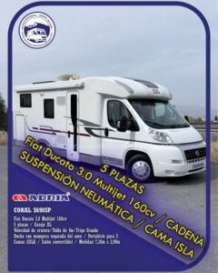 Perfilada ADRIA CORAL S690SP Autocaravanas Sierra Nevada empresa con más de 20 años de experiencia en el sector de venta de ocasión os ofrece esta magnífica casa rodante.🗣️👉 Para más información o precio 💵 consulté en nuestra página web www.autocaravanassierranevada.com ➡️🌐💻 o haga click👉🖱️ en nuestro enlace ⬇️👇 https://autocaravanassierranevada.com/.../adria-coral.../ ¿Quieres pagar a plazos? Llama y te informamos sin compromiso 📞617795719 📞621251555 Extras 👇 MOTOR: Fiat Ducato 3.0 Multijet 160cv AÑO: 2010 KM: 102.000 Medidas: 7,30m x 2,90m Plazas viajar: 5 Plazas dormir: 3 * Medida maletero con doble portón: (2,15m x 1,05m x 0,90m) * Camas (Isla / Salón Convertible) * Cadena de distribución * Suspensión Neumática Extras: Aire acondicionado(de motor) AirBag(conductor y copiloto) Velocidad de Crucero Cierre centralizado(en cabina) Espejos eléctricos Elevalunas eléctricos Radio (USB-BT-AUX) Sensor de aparcamiento Asientos giratorios Oscurecedores REMIS en luna Mosquiteras en ventanas, claraboyas y puerta principal Claraboyas transparentes y Claraboya panorámica xxl en cabina Frigo DOMETIC (220v, Gas, 12v, Auto) 150L capacidad Horno Extractor de humos Ducha con mampara separada de aseo Baterías de 95ah. Placa solar de 100w. con regulador mppt Calefacción Truma Combi Escalón de doble peldaño integrado Toldo de 4m. Patas estabilizadoras Portabicis para 2 Neumáticos reforzados especial camper #autocaravanastyle #viajarconniños #viajarenautocaravanaconniños #roadtrip #autocaravanaadventure #ventadeautocaravanas #autocaravanassierranevada #autocaravantravel #autocaravanaenlaplaya #kitcamping #differentholidays #camaisla #motorhome #caravanas1000 #camper