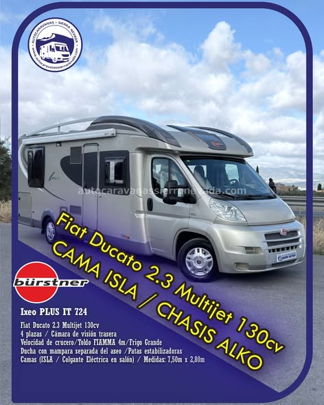 Perfilada BURSTNER  Ixeo PLUS IT 724
Autocaravanas Sierra Nevada empresa con más de 20 años de experiencia en el sector de venta de ocasión os ofrece esta magnífica casa rodante.🗣️👉 Para más información o precio 💵 consulté en nuestra página web
www.autocaravanassierranevada.com
➡️🌐💻 o haga click👉🖱️ en nuestro enlace ⬇️👇
https://autocaravanassierranevada.com/.../burstner-ixeo.../
¿Quieres pagar a plazos?
Llama y te informamos sin compromiso
📞617795719
📞621251555
Extras 👇
MOTORFiat Ducato 2.3 MultiJet 130cv 
AÑO: 2010
KM:105.000
Medidas: 7,50m x 2,80m
Plazas viajar: 4
Plazas dormir: 4
* Medida Garaje con doble portón:(2,15m x 0,95m x 0,85m) 
* Camas (Colgante eléctrica en salón / Isla)
*Chasis ALKO
Extras:
Aire acondicionado(de motor)
AirBag (conductor)
Velocidad de Crucero
Cierre centralizado (en cabina)
Elevalunas eléctricos 
Espejos eléctricos
Radio (2DIN-CD- USB-BT)
Cámara de visión trasera
Asientos giratorios
Oscurecedores REMIS en cabina
Mosquiteras en ventanas ,claraboyas y puerta principal
Claraboyas transparentes y Claraboya panorámica XXL en cabina
Frigo DOMETIC  (220v, Gas, 12v) 160L capacidad
Ducha con mampara separada de aseo
Batería de 100ah.
Placa solar de 100w.
Calefacción Truma Combi
TV.12v(TDT-HDMI-USB-DVD)
Escalón eléctrico de aluminio
Toldo FIAMMA de 4m.
Baca de aluminio
Patas estabilizadoras
Neumáticos reforzados marca MICHELIN especial camper
#autocaravanastyle #viajarconniños #viajarenautocaravanaconniños #roadtrip #autocaravanaadventure #ventadeautocaravanas #autocaravanassierranevada #autocaravantravel #autocaravanaenlaplaya #kitcamping #differentholidays #camaisla #motorhome #caravanas1000 #camper

