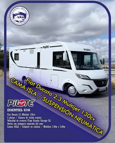 Integral PILOTE ESSENTIEL G740 
Autocaravanas Sierra Nevada empresa con más de 20 años de experiencia en el sector de venta de ocasión os ofrece esta magnífica casa rodante.🗣️👉 Para más información o precio 💵 consulté en nuestra página web
www.autocaravanassierranevada.com
➡️🌐💻 o haga click👉🖱️ en nuestro enlace ⬇️👇
https://autocaravanassierranevada.com/.../pilote.../
¿Quieres pagar a plazos?
Llama y te informamos sin compromiso
📞617795719
📞621251555
Extras 👇
MOTOR: Fiat Ducato 2.3 MultiJet 130cv
AÑO: 2017
KM: 51.000 
Medidas: 7,40m x 3,00m
Plazas viajar: 4
Plazas dormir: 4
* Medida Garaje con doble portón :  (2,20m x 1,00m x 0,90m) 
* Camas (Isla / Colgante en cabina)
* Suspensión Neumática
Extras:
Aire acondicionado(de motor) 
AirBag (conductor y copiloto)
Velocidad de Crucero
Cierre centralizado
Espejos eléctricos
Elevalunas eléctricos (sólo conductor)
Radio (USB-BT-AUX)
Cámara de visión trasera
Asientos giratorios
Oscurecedores REMIS en cabina completa
Mosquiteras en ventanas, claraboyas y puerta principal
Claraboyas transparentes y Claraboya xxl en salón 
Frigo DOMETIC  (220v, Gas, 12v, Auto) 160L capacidad
Ducha con mampara separada de aseo
Batería de 100ah.
2 Placa solar de 100w.
Calefacción Truma Inet Ready
Tv 12v. (TDT-HDMI-USB-DVD) 
Escalón eléctrico de aluminio 
Maletero lateral extraíble
Neumáticos reforzados especial camper
#autocaravanastyle #viajarconniños #viajarenautocaravanaconniños #roadtrip #autocaravanaadventure #ventadeautocaravanas #autocaravanassierranevada #autocaravantravel #autocaravanaenlaplaya #kitcamping #differentholidays #camaisla #motorhome #caravanas1000 #camper