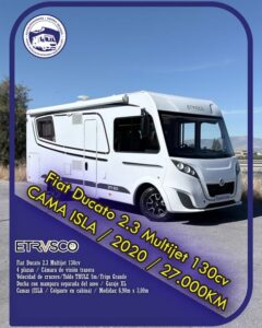 INTEGRAL ETRVSCO Autocaravanas Sierra Nevada empresa con más de 20 años de experiencia en el sector de venta de ocasión os ofrece esta magnífica casa rodante.🗣️👉 Para más información o precio 💵 consulté en nuestra página web www.autocaravanassierranevada.com ➡️🌐💻 o haga click👉🖱️ en nuestro enlace ⬇️👇 https://autocaravanassierranevada.com/listings/etrvsco-2/ ¿Quieres pagar a plazos? Llama y te informamos sin compromiso 📞617795719 📞621251555 Extras 👇 MOTOR: Fiat Ducato 2.3 MultiJet 130cv AÑO: 2020 KM: 27.000 Medidas: 6,90m x 3,00m Plazas viajar: 4 Plazas dormir: 4 * Medida Garaje con doble portón : (2,15m x 1,00m x 1,00m) * Camas (Isla / Colgante en cabina) Extras: Aire acondicionado (de motor) AirBag ( conductor y copiloto) Velocidad de Crucero Cierre centralizado Espejos eléctricos Elevalunas eléctricos (sólo conductor) Radio (2DIN-CD-USB-AUX-BT) Cámara de visión trasera Asientos giratorios Oscurecedores REMIS en cabina completa Mosquiteras en ventanas, claraboyas y puerta principal Claraboyas transparentes y Claraboya xxl en salón Frigo THETFORD (220v, Gas, 12v, Auto) 167L capacidad Ducha con mampara separada del aseo Batería de 100ah. 3 Placa solar de 100w. Calefacción Truma Combi Escalón de doble peldaño integrado Toldo THULE de 5m. Neumáticos reforzados marca CONTINENTAL especial camper #autocaravanastyle #viajarconniños #viajarenautocaravanaconniños #roadtrip #autocaravanaadventure #ventadeautocaravanas #autocaravanassierranevada #autocaravantravel #autocaravanaenlaplaya #kitcamping #differentholidays #camaisla #motorhome #caravanas1000 #camper
