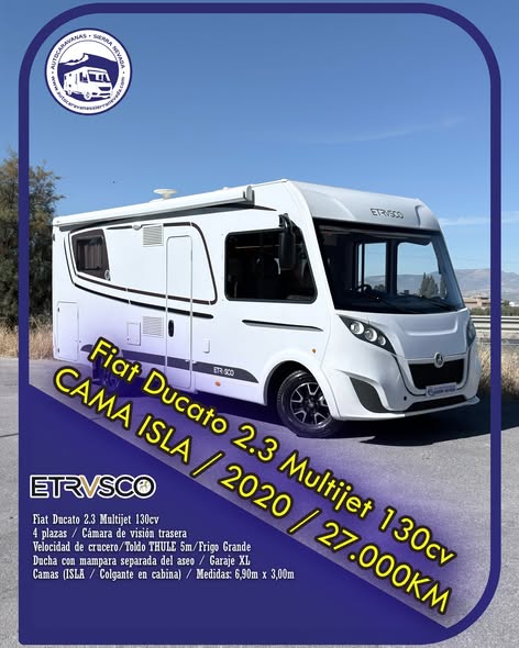 INTEGRAL ETRVSCO
Autocaravanas Sierra Nevada empresa con más de 20 años de experiencia en el sector de venta de ocasión os ofrece esta magnífica casa rodante.🗣️👉 Para más información o precio 💵 consulté en nuestra página web
www.autocaravanassierranevada.com
➡️🌐💻 o haga click👉🖱️ en nuestro enlace ⬇️👇
https://autocaravanassierranevada.com/listings/etrvsco-2/
¿Quieres pagar a plazos?
Llama y te informamos sin compromiso
📞617795719
📞621251555
Extras 👇
MOTOR: Fiat Ducato 2.3 MultiJet 130cv
AÑO: 2020 
KM: 27.000
Medidas: 6,90m x 3,00m
Plazas viajar: 4
Plazas dormir: 4
* Medida Garaje con doble portón :  (2,15m x 1,00m x 1,00m) 
* Camas (Isla / Colgante en cabina)
Extras:
Aire acondicionado (de motor)
AirBag ( conductor y copiloto)
Velocidad de Crucero
Cierre centralizado
Espejos eléctricos
Elevalunas eléctricos (sólo conductor)
Radio (2DIN-CD-USB-AUX-BT)
Cámara de visión trasera
Asientos giratorios
Oscurecedores REMIS en cabina completa
Mosquiteras en ventanas, claraboyas y puerta principal
Claraboyas transparentes y Claraboya xxl en salón 
Frigo THETFORD  (220v, Gas, 12v, Auto) 167L capacidad
Ducha con mampara separada del aseo
Batería de 100ah.
3 Placa solar de 100w.
Calefacción Truma Combi
Escalón de doble peldaño integrado 
Toldo THULE de 5m.
Neumáticos reforzados marca CONTINENTAL especial camper
#autocaravanastyle #viajarconniños #viajarenautocaravanaconniños #roadtrip #autocaravanaadventure #ventadeautocaravanas #autocaravanassierranevada #autocaravantravel #autocaravanaenlaplaya #kitcamping #differentholidays #camaisla #motorhome #caravanas1000 #camper