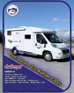 Perfilada CHALLENGER GENESIS 40 Autocaravanas Sierra Nevada empresa con más de 20 años de experiencia en el sector de venta de ocasión os ofrece esta magnífica casa rodante. Para más información o precio consulté en nuestra página web www.autocaravanassierranevada.com o haga click en nuestro enlace https://autocaravanassierranevada.com/.../challenger.../ ¿Quieres pagar a plazos? Llama y te informamos sin compromiso 617795719 621251555 Extras MOTOR: Fiat Ducato 2.3 MultiJet 130cv AÑO: 2007 KM: 95.000 Medidas: 6,60m x 2,80m Plazas viajar: 4 Plazas dormir: 3 * Medida Garaje: (2,20m x 1,05m x 1,10m) * Camas (Transversal / Salón convertible) Extras: Aire acondicionado(de motor) AirBag (sólo conductor) Cierre centralizado(en cabina) Espejos eléctricos Elevalunas eléctricos Radio (USB-SD-BT-AUX) Cámara de visión trasera Asientos giratorios Mosquiteras en ventanas, claraboyas y puerta principal Claraboya XXL en salón Climatizador a 12v Frigo THETFORD (220v, Gas, 12v, Auto) 150L capacidad Ducha dentro de aseo Batería de 100ah. Placa solar de 100w. Calefacción Trumatic c Tv 12v. (LCD-HDMI-USB-DVD) Escalón de doble peldaño integrado Toldo FIAMMA F45 de 3m. Portabicis para 2 Neumáticos reforzados marca MICHELIN especial camper #autocaravanasgranada #autocaravanaocasion #autocaravanasdeocasion #ventaautocaravana #compraautocaravana #autocaravanabarata #caravaningandalucia #autocaravanasur #granadaturismo #granadaocasion #andaluciavanlife #vanlife #camperlife #motorhome #campervan #viajarenautocaravana #caravaninglife #aventuraenruta #viajeslibres #escapadarural #naturalezaylibertad #viajarporelmundo #rutavanlife #descubreespaña #autocaravanaspain