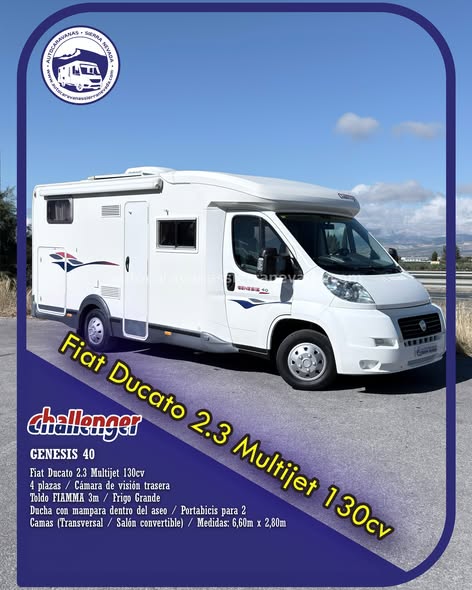 Perfilada CHALLENGER GENESIS 40
Autocaravanas Sierra Nevada empresa con más de 20 años de experiencia en el sector de venta de ocasión os ofrece esta magnífica casa rodante. Para más información o precio  consulté en nuestra página web
www.autocaravanassierranevada.com
o haga click en nuestro enlace 
https://autocaravanassierranevada.com/.../challenger.../
¿Quieres pagar a plazos?
Llama y te informamos sin compromiso
617795719
621251555
Extras 
MOTOR: Fiat Ducato 2.3 MultiJet 130cv
AÑO: 2007
KM: 95.000
Medidas: 6,60m x 2,80m
Plazas viajar: 4
Plazas dormir: 3
* Medida Garaje: (2,20m x 1,05m x 1,10m)
* Camas (Transversal / Salón convertible)
Extras:
Aire acondicionado(de motor)
AirBag (sólo conductor)
Cierre centralizado(en cabina)
Espejos eléctricos
Elevalunas eléctricos
Radio (USB-SD-BT-AUX)
Cámara de visión trasera
Asientos giratorios
Mosquiteras en ventanas, claraboyas y puerta principal
Claraboya XXL en salón
Climatizador a 12v
Frigo THETFORD (220v, Gas, 12v, Auto) 150L capacidad
Ducha dentro de aseo
Batería de 100ah.
Placa solar de 100w.
Calefacción Trumatic c
Tv 12v. (LCD-HDMI-USB-DVD)
Escalón de doble peldaño integrado
Toldo FIAMMA F45 de 3m.
Portabicis para 2
Neumáticos reforzados marca MICHELIN especial camper
#autocaravanasgranada
#autocaravanaocasion
#autocaravanasdeocasion
#ventaautocaravana
#compraautocaravana
#autocaravanabarata
#caravaningandalucia
#autocaravanasur
#granadaturismo
#granadaocasion
#andaluciavanlife
#vanlife
#camperlife
#motorhome
#campervan
#viajarenautocaravana
#caravaninglife
#aventuraenruta
#viajeslibres
#escapadarural
#naturalezaylibertad
#viajarporelmundo
#rutavanlife
#descubreespaña
#autocaravanaspain
