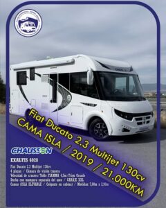 Autocaravana Integral CHAUSSON EXALTIS 6028 Autocaravanas Sierra Nevada empresa con más de 20 años de experiencia en el sector de venta de ocasión os ofrece esta magnífica casa rodante.🗣️👉 Para más información o precio 💵 consulté en nuestra página web www.autocaravanassierranevada.com ➡️🌐💻 o haga click👉🖱️ en nuestro enlace ⬇️👇 https://autocaravanassierranevada.com/.../chausson.../ ¿Quieres pagar a plazos? Llama y te informamos sin compromiso 📞617795719 📞621251555 Extras 👇 MOTOR: Fiat Ducato 2.3 MultiJet 130cv AÑO: 2019 KM: 21.000 Medidas: 7,00m x 2,90m Plazas viajar: 4 Plazas dormir: 4 * Medida Garaje con doble portón : (2,15m x 1,00m x 1,20m) * Camas (Isla elevable manual / Colgante en cabina) Extras: Aire acondicionado(de motor) AirBag ( conductor y copiloto) Velocidad de Crucero Cierre centralizado Espejos eléctricos Elevalunas eléctricos (sólo conductor) Radio (2 DIN-CD-BT-Navegador) Cámara de visión trasera Asientos giratorios Oscurecedores REMIS en cabina completa Mosquiteras en ventanas, claraboyas y puerta principal Claraboya xxl en salón Frigo THETFORD (220v, Gas, 12v, Auto) 175L capacidad Ducha con mampara separada de aseo Batería de 100ah. Placa solar de 100w. Calefacción Truma Inet Ready Tv 12v. (LCD-HDMI-USB-DVD) Escalón de doble peldaño integrado Toldo FIAMMA F45 de 4,5m. Neumáticos reforzados marca CONTINENTAL especial camper #autocaravanasgranada #autocaravanaocasion #autocaravanasdeocasion #ventaautocaravana #compraautocaravana #autocaravanabarata #caravaningandalucia #autocaravanasur #granadaturismo #granadaocasion #andaluciavanlife #vanlife #camperlife #motorhome #campervan #viajarenautocaravana #caravaninglife #aventuraenruta #viajeslibres #escapadarural #naturalezaylibertad #viajarporelmundo #rutavanlife #descubreespaña #autocaravanaspain