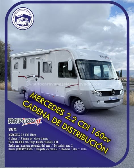 Autocaravana integral RAPIDO  997M
Autocaravanas Sierra Nevada empresa con más de 20 años de experiencia en el sector de venta de ocasión os ofrece esta magnífica casa rodante.🗣️👉 Para más información o precio 💵 consulté en nuestra página web
www.autocaravanassierranevada.com
➡️🌐💻 o haga click👉🖱️ en nuestro enlace ⬇️👇
https://autocaravanassierranevada.com/listings/rapido-997m/
¿Quieres pagar a plazos?
Llama y te informamos sin compromiso
📞617795719
📞621251555
Extras 👇
MOTOR: MERCEDES 2.2 CDI 160cv
AÑO: 2007
KM: 114.000
Medidas: 7,20m x 3,00m
Plazas viajar: 4
Plazas dormir: 4
* Medida Garaje con doble portón :  (2,20m x 1,20m x 1,20m) 
* Camas (Transversal/ Colgante en cabina)
* Cadena de distribución 
Extras:
Aire acondicionado(de motor) 
A.S.R (Sistema antiderrapaje)
Elevalunas eléctricos (sólo conductor)
Radio (2DIN-CD-USB-BT)
Cámara de visión trasera(En radio)
Asientos giratorios
Oscurecedores REMIS en cabina completa
Mosquiteras en ventanas y claraboyas 
Ventana PRACTICABLE con mosquitera en puerta principal
Claraboyas transparentes y Claraboya xxl en salón 
Frigo DOMETIC (220v, Gas, 12v, Auto) 150L capacidad
Horno
Extractor de humos
Ducha con mampara separada de aseo
Batería de 100ah.
Placa solar de 100w.
Calefacción Trumatic C
Escalón de doble peldaño integrado 
Toldo FIAMMA F45 de 4m.
Baca de aluminio
Patas estabilizadoras
Portabicis para 2
1 Cierres de seguridad 
Maleteros laterales extraíbles
Neumáticos reforzados especial camper
#autocaravanasgranada
#autocaravanaocasion
#autocaravanasdeocasion
#ventaautocaravana
#compraautocaravana
#autocaravanabarata
#caravaningandalucia
#autocaravanasur
#granadaturismo
#granadaocasion
#andaluciavanlife
#vanlife
#camperlife
#motorhome
#campervan
#viajarenautocaravana
#caravaninglife
#aventuraenruta
#viajeslibres
#escapadarural
#naturalezaylibertad
#viajarporelmundo
#rutavanlife
#descubreespaña
#autocaravanaspain
