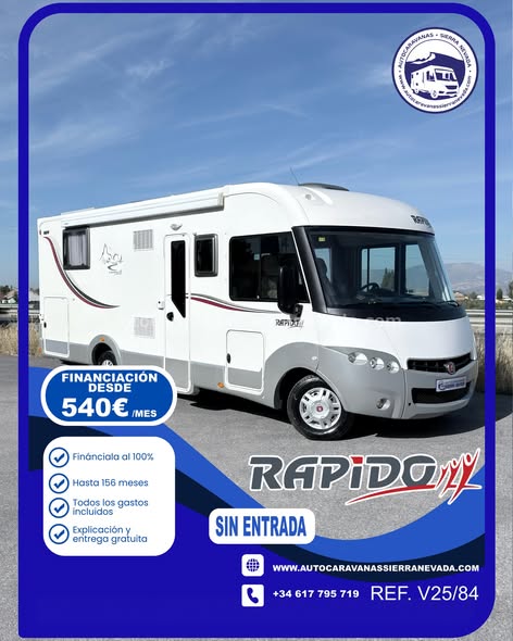 RAPIDO 881F
Autocaravanas Sierra Nevada empresa con más de 20 años de experiencia en el sector de venta de ocasión os ofrece esta magnífica casa rodante. Para más información o precio  consulté en nuestra página web
www.autocaravanassierranevada.com
o haga click en nuestro enlace 
https://autocaravanassierranevada.com/list.../rapido-881f-2/
¿Quieres pagar a plazos?
Llama y te informamos sin compromiso
617795719
621251555
EQUIPAMIENTO Y EXTRAS 
MOTOR: Fiat Ducato 2.3 MultiJet 130cv
AÑO: 2014
KM: 67.000
Medidas: 7,30m x 3,00m
Plazas viajar: 4
Plazas dormir: 4
* Medida Garaje con doble portón : (2,20m x 1,10m x 1,00m)
* Camas (Isla/ Colgante en cabina)
Extras:
- Aire acondicionado(de motor)
- AirBag ( conductor y copiloto)
- Velocidad de Crucero
- Cierre centralizado
- Espejos eléctricos
- Elevalunas eléctricos (sólo conductor)
- Radio (USB-BT-CD-SD-AUX)
- Asientos giratorios
- Oscurecedores REMIS en cabina completa
- Mosquiteras en ventanas, claraboyas y puerta principal
- Claraboyas transparentes y Claraboya xxl en salón
- Frigo DOMETIC (220v, Gas, 12v, Auto) 160L capacidad
- Horno
- Extractor de humos
- Ducha con mampara separada de aseo
- Batería de 100ah.
- Placa solar de 100w.
- Calefacción Truma Combi y Truma Combi E
- Escalón de doble peldaño integrado
- Toldo PROSTOR de 4m.
- Portabicis CARRY BIKE para 3
- 4 Cierres de seguridad
- Ducha exterior
-Neumáticos reforzados marca CONTINENTAL especial camper
#autocaravanasgranada
#autocaravanaocasion
#autocaravanasdeocasion
#ventaautocaravana
#compraautocaravana
#autocaravanabarata
#caravaningandalucia
#autocaravanasur
#granadaturismo
#granadaocasion
#andaluciavanlife
#vanlife
#camperlife
#motorhome
#campervan
#viajarenautocaravana
#caravaninglife
#aventuraenruta
#viajeslibres
#escapadarural
#naturalezaylibertad
#viajarporelmundo
#rutavanlife
#descubreespaña
#autocaravanaspain