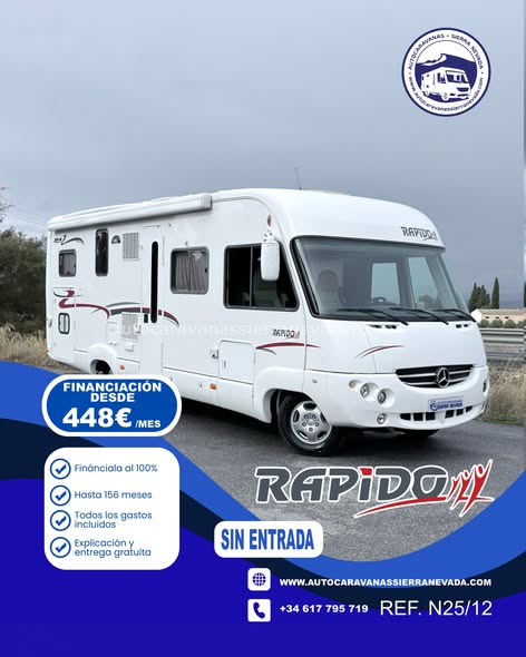 INTEGRAL  RAPIDO 997 M
Autocaravanas Sierra Nevada empresa con más de 20 años de experiencia en el sector de venta de ocasión os ofrece esta magnífica casa rodante.🗣️👉 Para más información o precio 💵 consulté en nuestra página web
www.autocaravanassierranevada.com
➡️🌐💻 o haga click👉🖱️ en nuestro enlace ⬇️👇
https://autocaravanassierranevada.com/listings/rapido-997-m/
¿Quieres pagar a plazos?
Llama y te informamos sin compromiso
📞617795719
📞621251555
EQUIPAMIENTO Y EXTRAS 👇
MOTOR: Fiat Ducato 2.3 Multijet 157cv 5 CILINDROS
AÑO: 2007
KM: 161.000KM
Medidas exteriores: 7,20m x 2,90m
Plazas viajar:  4
Plazas para dormir: 4
Extras y Equipamiento:
* Medida maletero con doble portón:  (2,20m x 1,10m x 1,20m) 
* Camas (Transversal/Colgante en cabina)
* Cambio Automàtico
* Cadena de distribución 
- Aire acondicionado de motor
- ASR
- Velocidad de Crucero
- Cierre centralizado
- Espejos eléctricos 
- Elevalunas eléctricos(conductor)
- Radio (CD)
- Camara de Visión trasera
- Asientos  giratorios
- Oscurecedores REMIS en cabina
- Mosquiteras en ventanas y claraboyas 
- Claraboya XXL en salòn 
- Frigo DOMETIC (220v, Gas, 12v, Auto) 150L capacidad
- Extractor de Humos
- Ducha con mampara separado de aseo
- Baterías de 100ah.
- Placa solar de 100w.
- Calefacción Trumatic c
- Tv 12v.(DVD-HDMI-USB)
- Escalón eléctrico de aluminio
- Toldo OMNISTOR de 4,5m.
- Baca de aluminio
- Patas estabilizadoras
- Prtabicis para 3
- Cierres de Seguridad 4
- Maleteros extraibles
- Neumáticos reforzados especial camper
#autocaravanasgranada
#autocaravanaocasion
#autocaravanasdeocasion
#ventaautocaravana
#compraautocaravana
#autocaravanabarata
#caravaningandalucia
#autocaravanasur
#granadaturismo
#granadaocasion
#andaluciavanlife
#vanlife
#camperlife
#motorhome
#campervan
#viajarenautocaravana
#caravaninglife
#aventuraenruta
#viajeslibres
#escapadarural
#naturalezaylibertad
#viajarporelmundo
#rutavanlife
#descubreespaña
