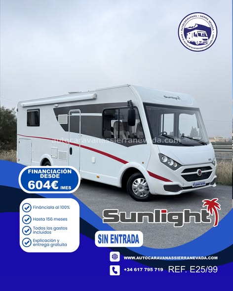 INTEGRAL  SUNLIGHT I69L
Autocaravanas Sierra Nevada empresa con más de 20 años de experiencia en el sector de venta de ocasión os ofrece esta magnífica casa rodante.🗣️👉 Para más información o precio 💵 consulté en nuestra página web
www.autocaravanassierranevada.com
➡️🌐💻 o haga click👉🖱️ en nuestro enlace ⬇️👇
https://autocaravanassierranevada.com/list.../sunlight-i69l/
¿Quieres pagar a plazos?
Llama y te informamos sin compromiso
📞617795719
📞621251555
EQUIPAMIENTO Y EXTRAS 👇
MOTOR: Fiat Ducato 2.3 Multijet 130cv
AÑO: 2018
KM: 26.000KM
Medidas exteriores: 7,30m x 2,90m
Plazas viajar:  4
Plazas para dormir: 4
Extras y Equipamiento:
* Medida maletero con doble portón:  (2,20m x 1,25m x 1,00m) 
* Camas (Isla/Colgante en cabina)
- Aire acondicionado de motor
- AirBag(conductor y copiloto)
- Velocidad de Crucero
- Cierre centralizado(en cabina)
- Espejos eléctricos 
- Elevalunas eléctricos(conductor)
- Radio (CD-USB-AUX)
- Camara de Visión trasera
- Asientos  giratorios
- Oscurecedores REMIS en cabina
- Mosquiteras en ventanas, claraboyas y puerta principal
- Claraboyas Transparentes y Claraboya XXL en salón
- Frigo THETFORD (220v, Gas, 12v, Auto) 167L capacidad
- Ducha con mampara separada de aseo
- Baterías de 100ah.
- Placa solar de 100w.
- Calefacción Truma Combi
- Tv 12v.(DVD-HDMI-USB)
- Escalón doble peldaño integrado
- Toldo THULE de 4m.
- Prtabicis para 3
- Neumáticos reforzados especial camper
#autocaravanasgranada
#autocaravanaocasion
#autocaravanasdeocasion
#ventaautocaravana
#compraautocaravana
#autocaravanabarata
#caravaningandalucia
#autocaravanasur
#granadaturismo
#granadaocasion
#andaluciavanlife
#vanlife
#camperlife
#motorhome
#campervan
#viajarenautocaravana
#caravaninglife
#aventuraenruta
#viajeslibres
#escapadarural
#naturalezaylibertad
#viajarporelmundo
#rutavanlife
#descubreespaña
