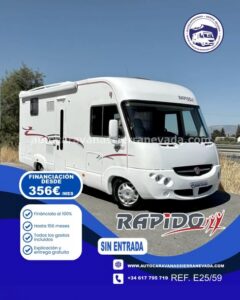 𝐀𝐔𝐓𝐎𝐂𝐀𝐑𝐀𝐕𝐀𝐍𝐀 𝐈𝐍𝐓𝐄𝐆𝐑𝐀𝐋 𝐑𝐀𝐏𝐈𝐃𝐎 𝟗𝟒𝟔𝐅 Autocaravanas Sierra Nevada empresa con más de 20 años de experiencia en el sector de venta de ocasión os ofrece esta magnífica casa rodante.🗣️👉 Para más información o precio 💵 consulté en nuestra página web. www.autocaravanassierranevada.com ➡️🌐💻 o haga click👉🖱️ en nuestro enlace ⬇️👇 ¿Quieres pagar a plazos? Llama y te informamos sin compromiso 📞617 79 57 19 📞687 85 35 11 INTEGRAL RAPIDO 946F MOTOR: Fiat Ducato 2.3 MultiJet 130cv AÑO: 2009 KM: 168.000 Medidas exteriores: 6,20 m x 3,00 Plazas viajar: 4 Plazas dormir: 4 *Medida garaje: (2,00m x 0,85m x 0,90m) *Camas (Francesa/Colgante en cabina) EQUIPAMIENTO Y EXTRAS 👇 -Aire acondicionado (de motor) -AirBag(sólo conductor) -Cierre centralizado -Elevalunas eléctricos(conductor) -Radio (2DIN-CD-USB-MP3-BT) -Cámara de visión trasera(en radio) -Asientos giratorios -OscurecedoresREMIS en cabina completa -Mosquiteras en ventanas, claraboyas -Claraboyas transparentes y Claraboya xxl en salón -Frigo DOMETIC(220v, Gas, 12v, Auto) 150L capacidad -Extractor de humos -Ducha con mampara dentro de aseo -Inverter de 1000w -BateríaLITIO de 120ah. -Placa solar de 100w. -Calefacción Trumatic c -Tv 12v. (TDT-HDMI-USB-DVD) -Escalón de doble peldaño integrado -Toldo FIAMMAde 3m. -Baca de aluminio -Patas estabilizadoras -1 Cierre de Seguridad -Maleteros laterales extraíbles -Neumáticos reforzados especial camper #autocaravanasgranada #autocaravanaocasion #autocaravanasdeocasion